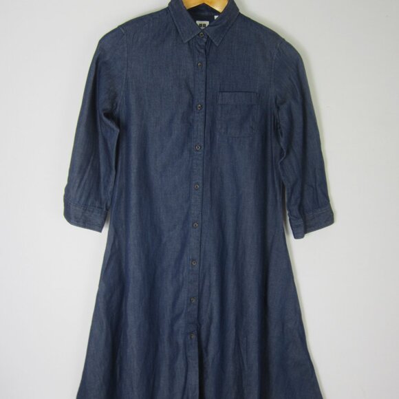 NEW Uniqlo Womens S Dark Wash Navy Blue Denim Shirt Dress Midi 100% Cotton - Picture 1 of 8
